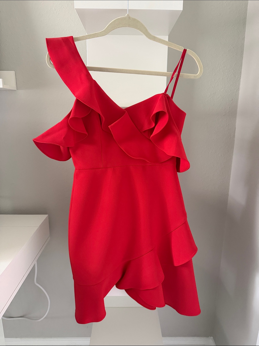 Bcbgmaxazria Red Asymmetrical Ruffle One-Shoulder Dress
